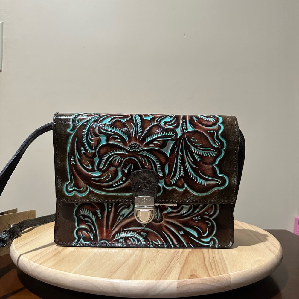 Patricia Nash Locri Turquoise Brown Tooled Leather Crossbody Bag NWT